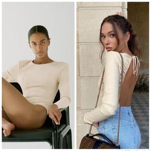 NEW ZARA faux leather look nude open back long sleeve bodysuit size small